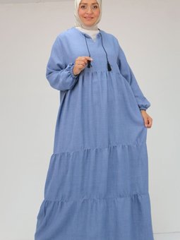 İndigo Büyük Beden Yakada Püskül Detaylı Keten Elbise