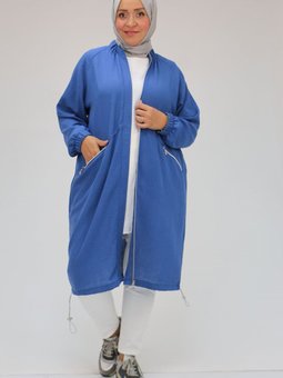 İndigo Büyük Beden Yakası Lastikli Fermuarlı Kap