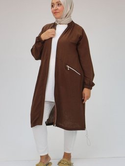 Kahve Büyük Beden Yakası Lastikli Fermuarlı Kap