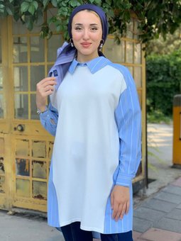 Mavi Önü Örme Kumaş Poplin Tunik