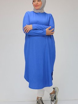 Saks Mavisi Büyük Beden Düşük Kol Altı Oval Bürümcük Tunik