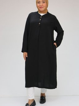 Siyah Büyük Beden Dikişten Cepli Dokuma Viskon Tunik