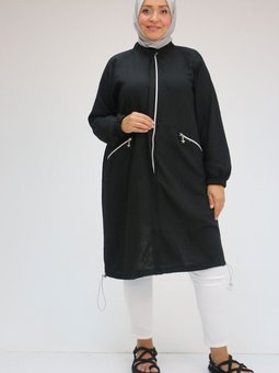 Siyah Büyük Beden Yakası Lastikli Fermuarlı Kap