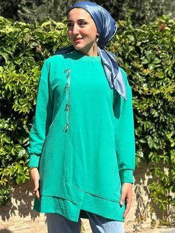 Yeşil Puane Fermuarı Boncuklu Tunik