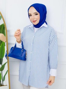 Bebe Mavi Çizgili Yaka Manşet Garnili Tunik