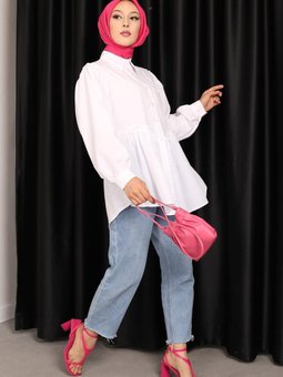 Beyaz Büzgülü Tunik