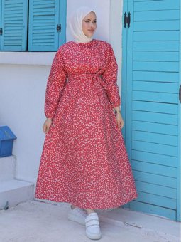 Bordo Keten Çiçek Desenli Elbise