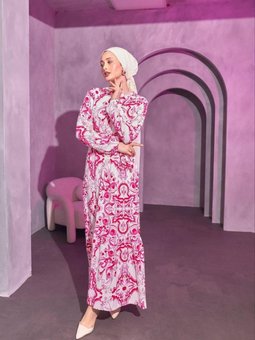 Fuşya Desenli Kemerli Elbise