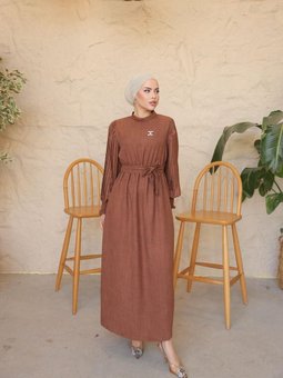 Kahverengi Kolu Piliseli Elbise