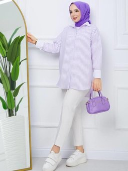 Lila Çizgili Yaka Ve Manşet Garnili Tunik