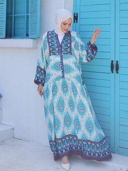 Mavi Desenli Viscon Elbise