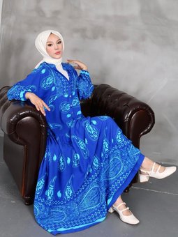 Mavi Desenli Viscon Elbise