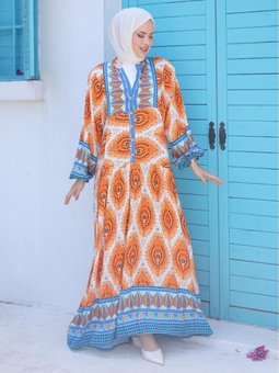 Oranj Desenli Viscon Elbise