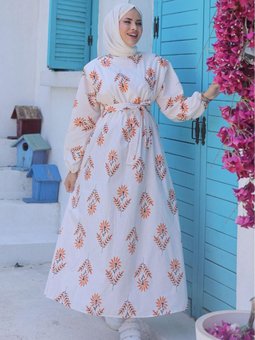 Oranj Keten Desenli Kemerli Elbise