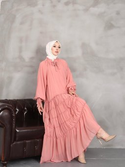 Pudra Kat Büzgülü Astarlı Şifon Elbıse