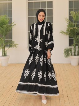 Siyah Desenli Viscon Elbise