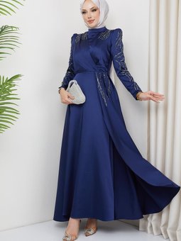 Önü Kolları Pul Ve Taş Detaylı Saten Abiye Elbise Lacivert 1660