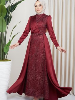 Önü Pul Ve Sim Detaylı Pelerin Etekli Saten Abiye Elbise Bordo 1642