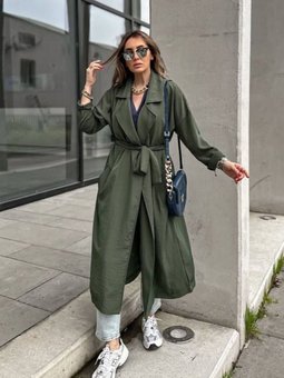 Haki Ürün İnce Salaş Kemerli Cepli Düğmeli Yumuşak Dokulu Uzun Hırka Trençkot