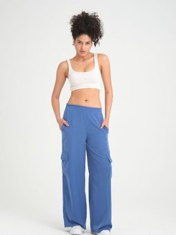 İndigo Kaliteli Yumuşak Kupra Kumaş Cepli Beli Lastikli Bol Paça Kargo Mavi Pantolon