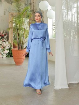 İndigo Saten Uzun Balon Kol Özel Gün / Mezuniyet Şık Abiye Elbise