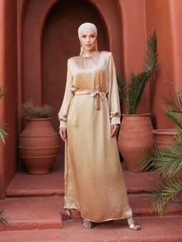 Sarı Saten Uzun Balon Kol Özel Gün / Mezuniyet Şık Abiye Elbise