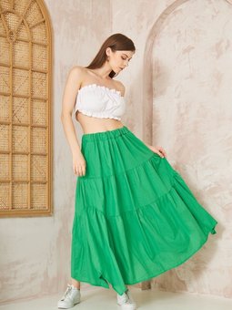 Yeşil Cepli Asimetrik Kesim Fırfırlı Beli Lastikli Kat Salaş Spor Uzun Kloş Etek