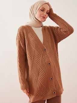 Baklava Desenli Links Örgü Düğmeli Triko Hırka Bisküvi