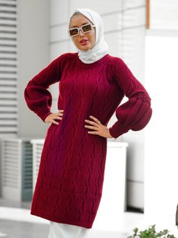 Halat Örgü Balon Kol Triko Tunik Bordo