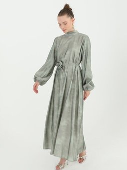 Çağla Saten Kumaş Beli Kemerli Balon Kol Abiye Elbise