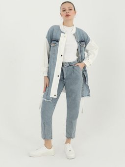 Ekru İp Kumaş Cepleri Taş Detaylı Kot Garnili Ceket