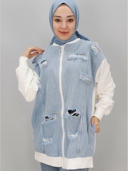 Ekru İp Kumaş Yırtık Kot Detaylı Fermuarlı Ceket