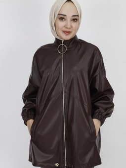 Kahverengi Suni Deri Fermuarlı Cepli Ceket