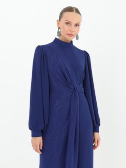 Lacivert Şifon Kumaş Jakar Desenli Abiye Elbise