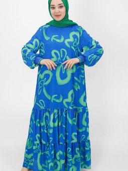 Saks Mavisi Deseli Fırfır Detaylı Salaş Kesim Elbise