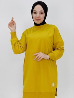 Yağ Yeşili İki İp Kumaş Basic Tunik Sweatshirt
