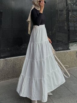 Ekru Basic Pileli Uzun Etek