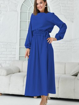 Saks Mavisi Bisklet Yaka Uzun Kollu Gofre Elbise