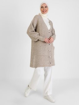 Balon Kol Yumuşak Triko Hırka Vizon