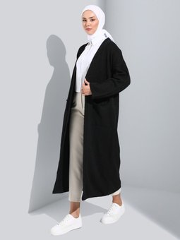 Cep Detaylı Oversize Triko Hırka Siyah