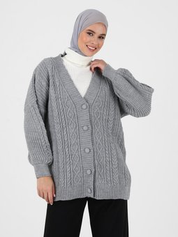 Desenli Düğme Detaylı Triko Gümüş Melanj Hırka