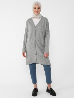 Düğmeli Triko Hırka Gri Melanj
