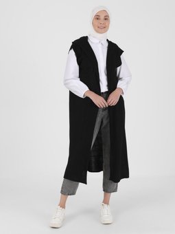 Kapüşonlu Triko Yelek Siyah