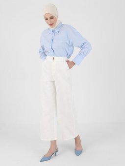 Kemer Detaylı Geniş Paça Kot Pantolon Off White