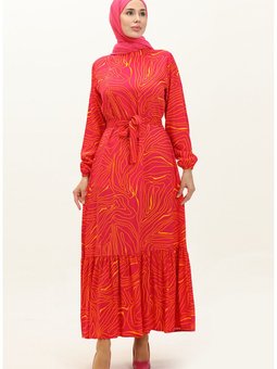 Çizgi Desenli Kuşaklı Viskon Elbise 0234 04 Fuşya