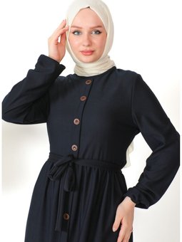 Düğme Detaylı Kuşaklı Elbise 7878 08 Lacivert