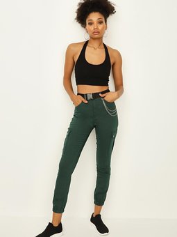 Yeşil Kemerli Paçası Lastikli Kargo Pantolon