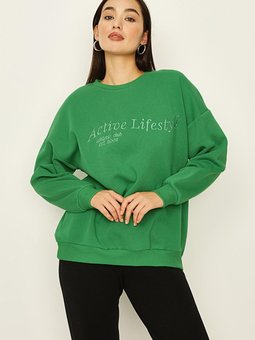 Yeşil Yazı Detaylı Basic Örme Sweatshirt