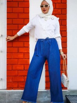 Açık Mavi Belde Bağcıklı Ucu Püsküllü Bol Paça Kumaş Kot Pantolon