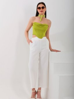 Beyaz Reems Mevsimlik Ön Düğmeli Ve Beli Esnek Lastikli Dubble Kumaş Cepli Pantolon